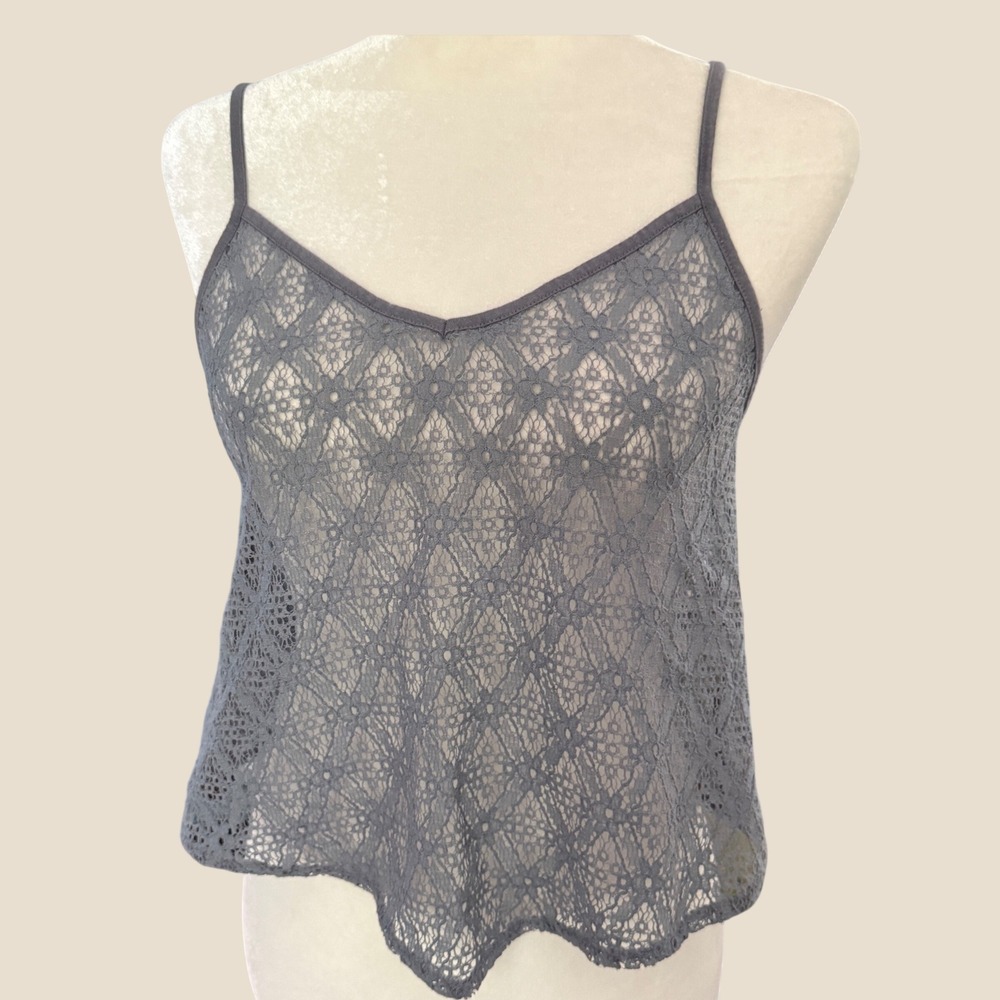 American Eagle Grey Lace Sheer Camisole Top V-Neck Boho Cropped Medium